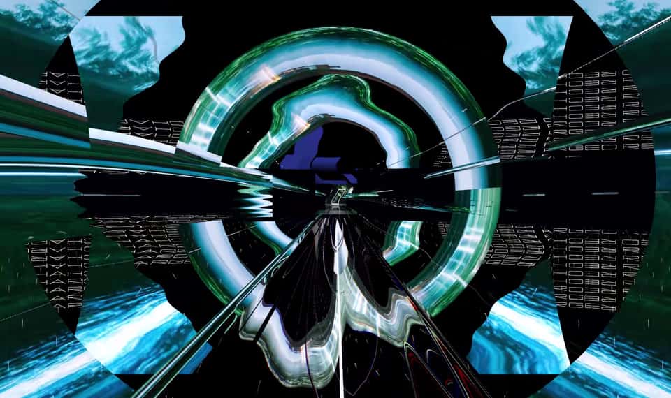 Still from the Adidas Running Lab experience showing an abstract visualization of a cityscape.