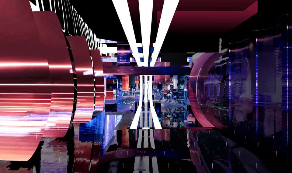 Still from the Adidas Running Lab experience showing an abstract visualization of a cityscape.