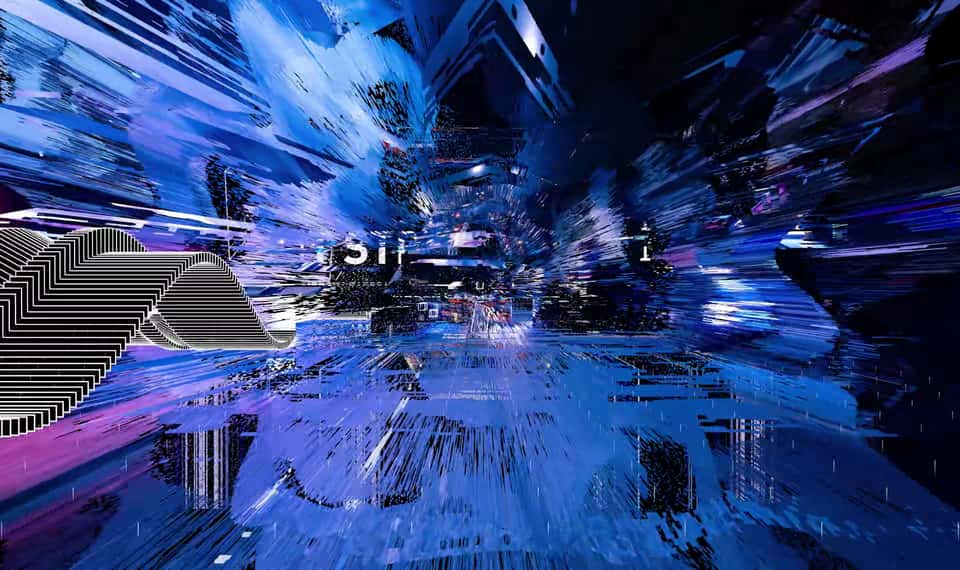 Still from the Adidas Running Lab experience showing an abstract visualization of a cityscape.