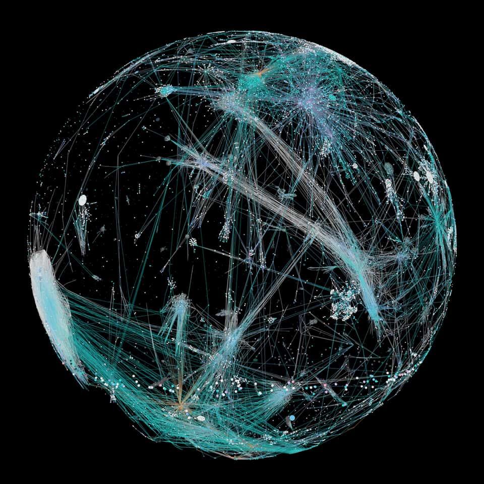 A globe constructed of complex line-structures and points in a dark space